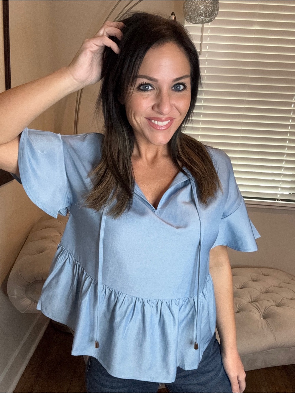 Jess Lea Graceful Flare Chambray Peplum V-Neck Women's Top